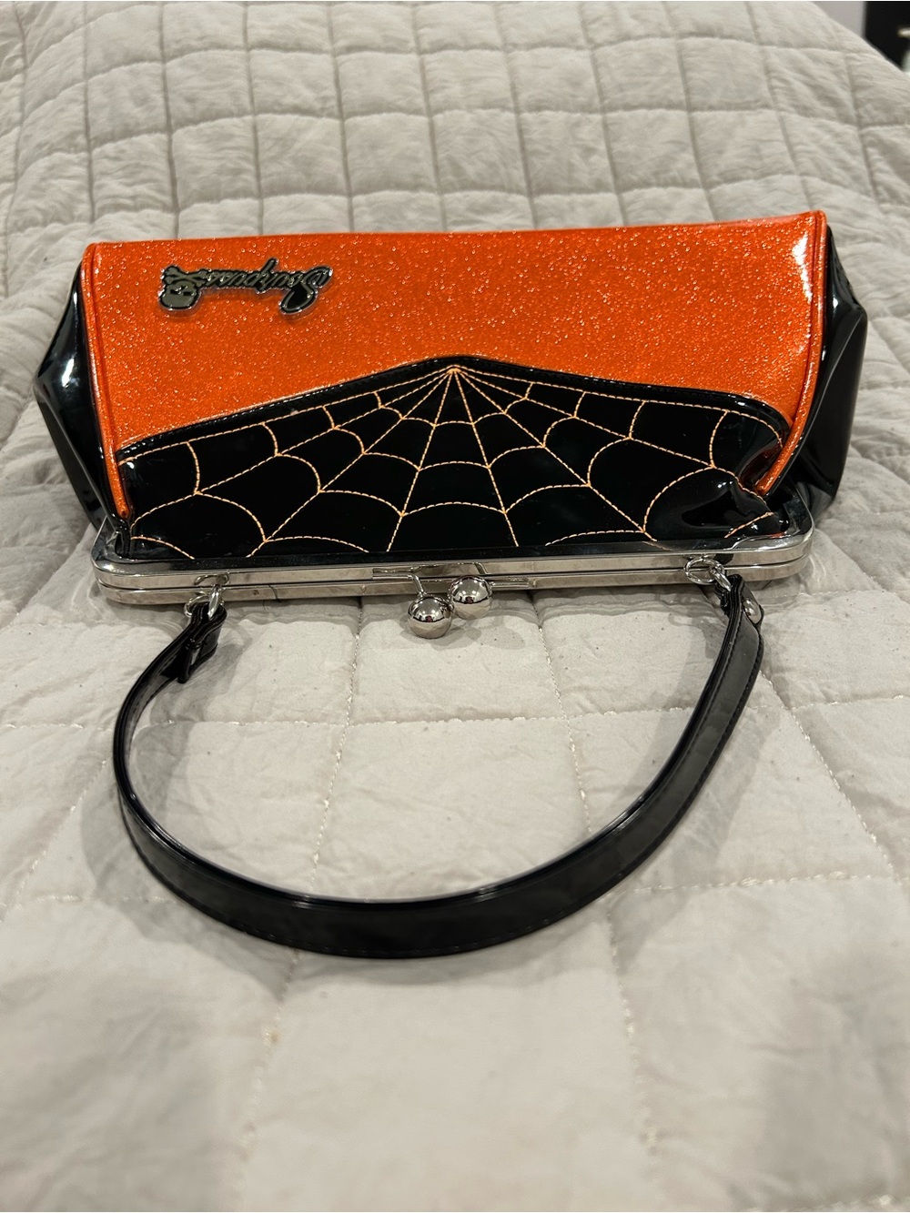 RARE Sourpuss Orange Glitter Spiderweb Handlelock kiss Bag - Picture 11 of 15